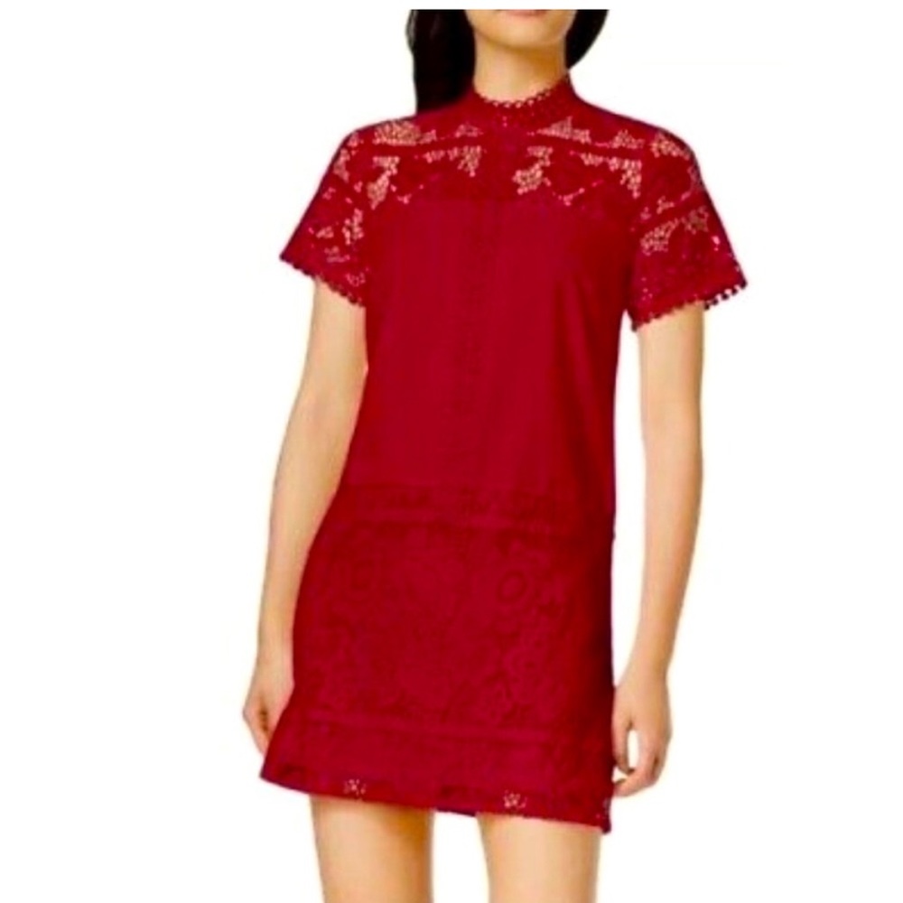 Kensie Red Lace Mock Neck Short Sleeve Dress Size 0 Floral Work Date Night